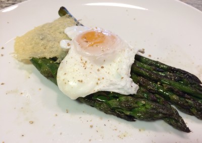 grilled asparagus with fried egg and parmesan frico